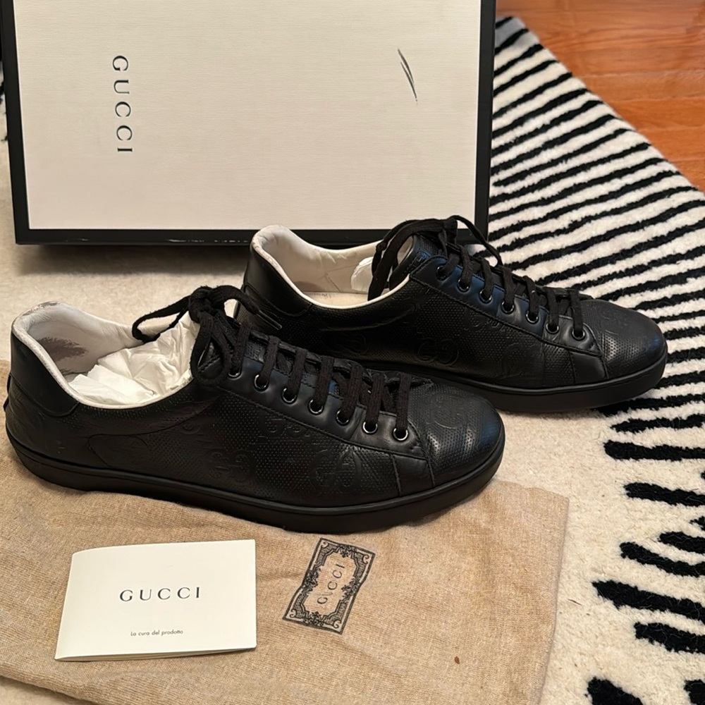 MEN'S ACE GG BLACK EMBOSSED SNEAKER: SIZE 9 = SIZE 9.5 US. GUCCI